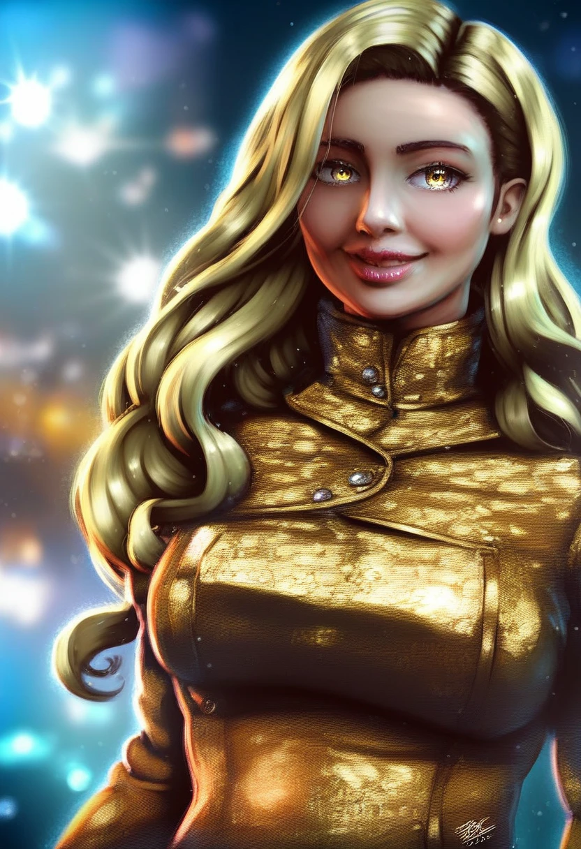 1girl, beautiful detailed eyes, beautiful detailed lips, extremely detailed face, golden long hair, yellow eyes, golden imperial dress, high collar, anime, clear blue sky background, shimmering lights, dynamic angle, arrogant smile, best quality, 4k, 8k, highres, masterpiece:1.2, ultra-detailed, realistic, photorealistic:1.37, HDR, UHD, studio lighting, ultra-fine painting, sharp focus, physically-based rendering, extreme detail description, professional, vivid colors, bokeh, portraits, anime