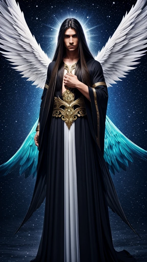 Male angel with long hair, big wings, aura, flowing clothes, mystical, divine, dark sky, light focusing on the angel