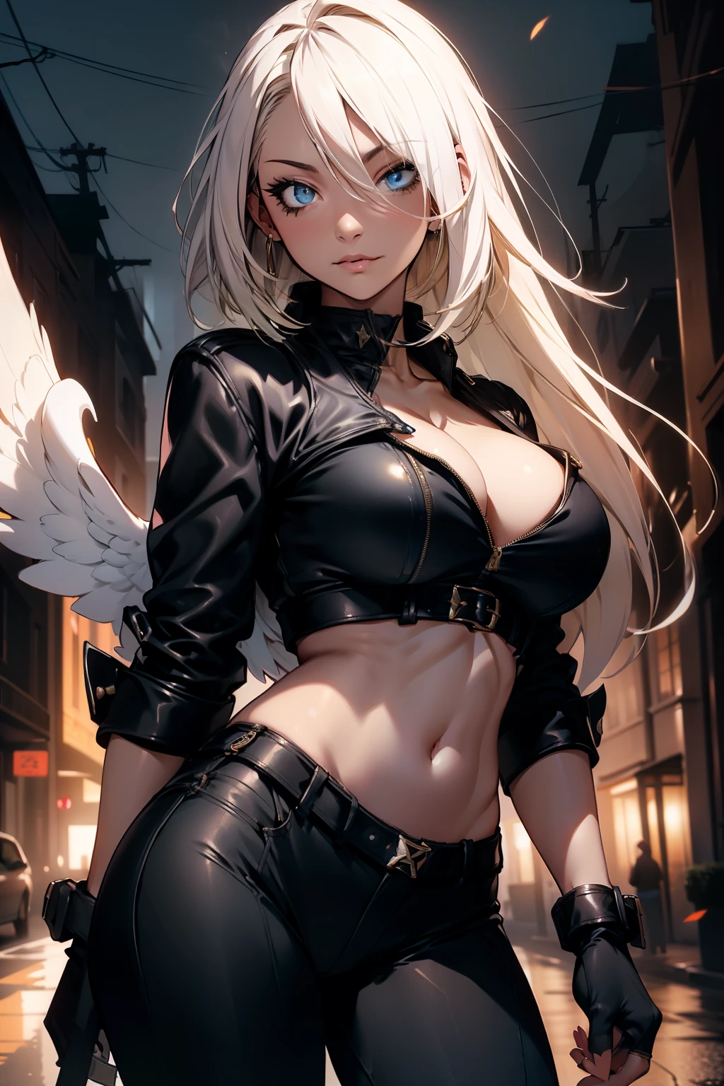 detailed portrait of a beautiful woman, 1girl, (AngelMS:1.4), midriff, looking at viewer, (cleavage), cropped jacket, best quality, 4k, 8k, highres, masterpiece:1.2, ultra-detailed, URBAN SAMURAI, holding a long twin blade, fullbody shot