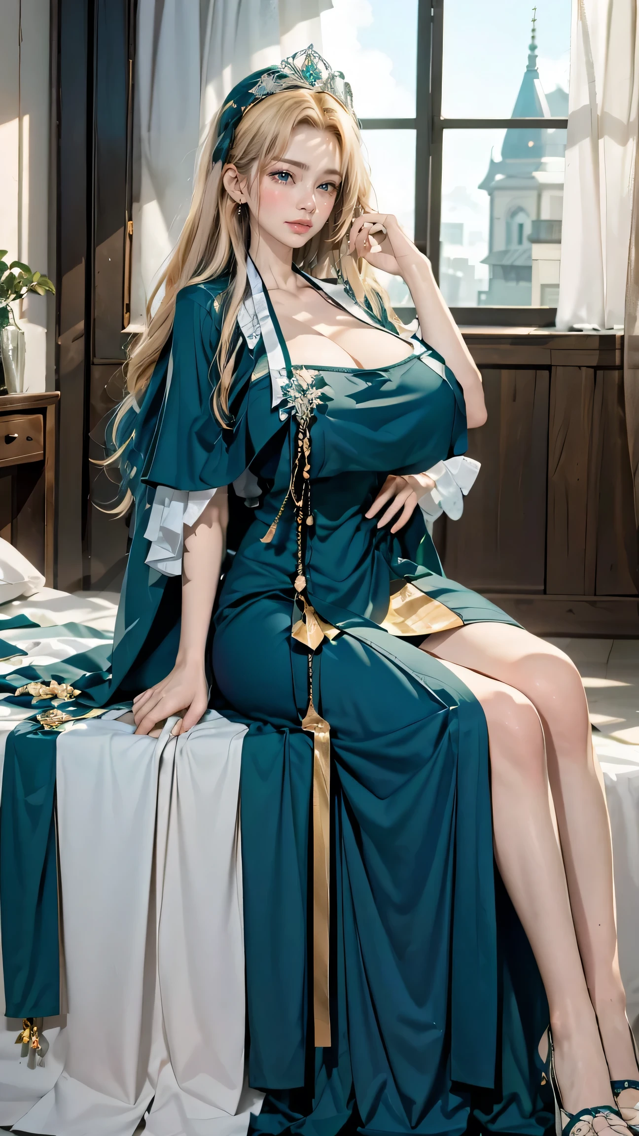 Best quality, masterpiece, ultra high res, raw photo, beautiful and aesthetic, deep shadow, fairy theme,(ultra detailed:1.3),
1girl, sitting pose, headdress, (beautiful face, detailed eye:1.2), embarrassed, drill hair, long hair, blonde hair, gradient hair, yellow eyes, solo, (busty breasts, gigantic breasts:1.1), big hair, blue hair, divine goddess, looking at viewer, indoors, royal palace, luxurious bedroom, room full of curtain, astraea, full body, Han1,green dress