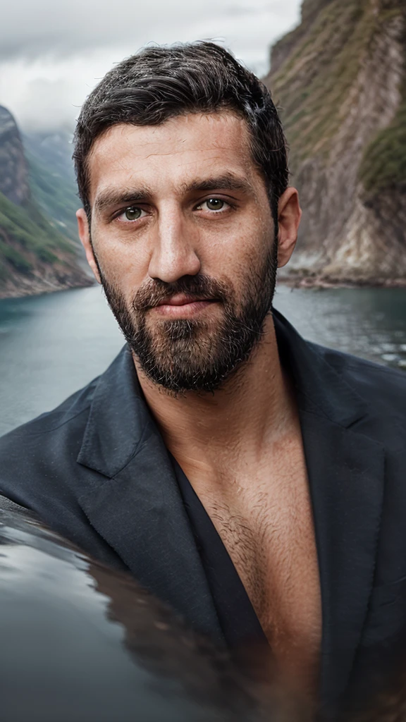 breathtaking selfie (Fares Fares) on a cliff, Fjords in background, award winning, professional, studio light, natural lighting, 4k uhd, dslr, soft lighting, high quality, Fujifilm XT3