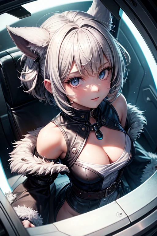 high resolution, the highest quality, illustration,  ultra detailed, (detailed face), (detailed eyes), cinematic lighting, Best Quality, hyper detailed, Masterpiece, 1 girl, Alone, grey eyes, short hair, multicolor fur, asymmetrical hair, belt, Jacket, off the shoulder, mono, separate sleeves, hip vent, luminous eyes, medium breasts, (showy), Upper part of the body, From above, session, looking at the viewer, inside, Inside a spaceship, futuristic, window