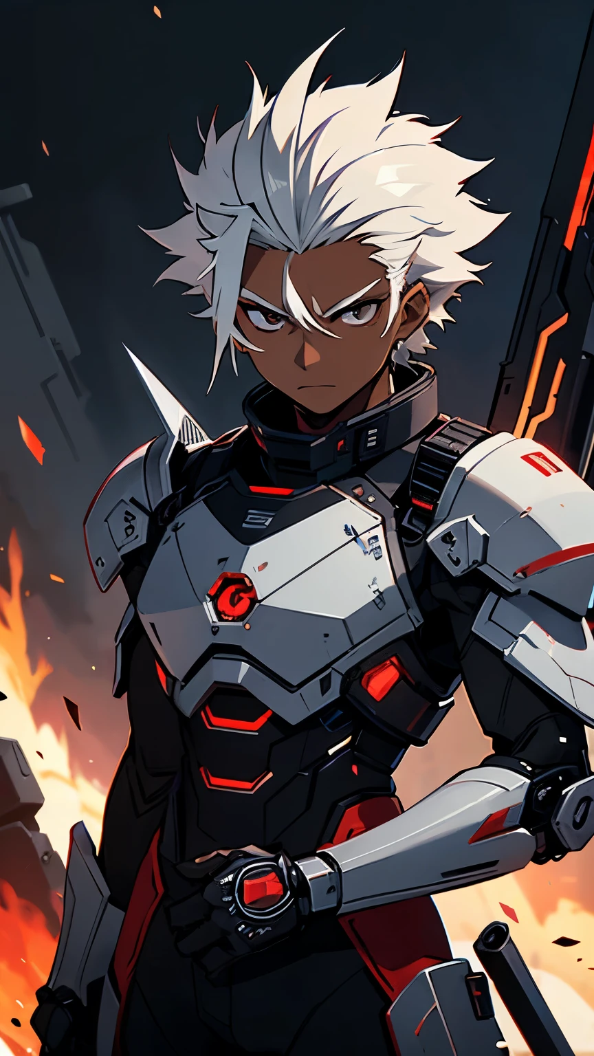 Male, white hair, spiky hair, messy hair, dark skin, black eyes, black futuristic cybernetic armor with red details, large shoulder pads, cold expression, in a cybernetic world, holding a fire sword
