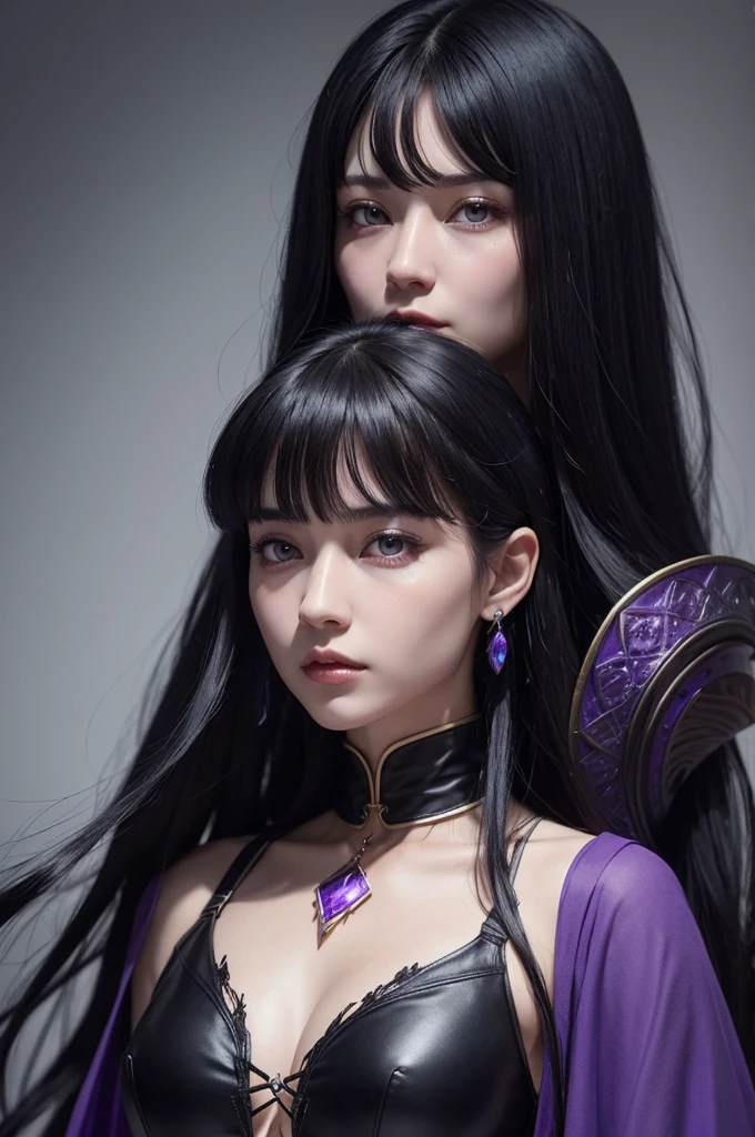 Female character with a strong personality, wife of a very powerful wizard. Her hair is long and black, she has bangs, her skin is light, her eyes are blue and her features are delicate, her breasts are large and her clothes are purple and black, with a neckline.