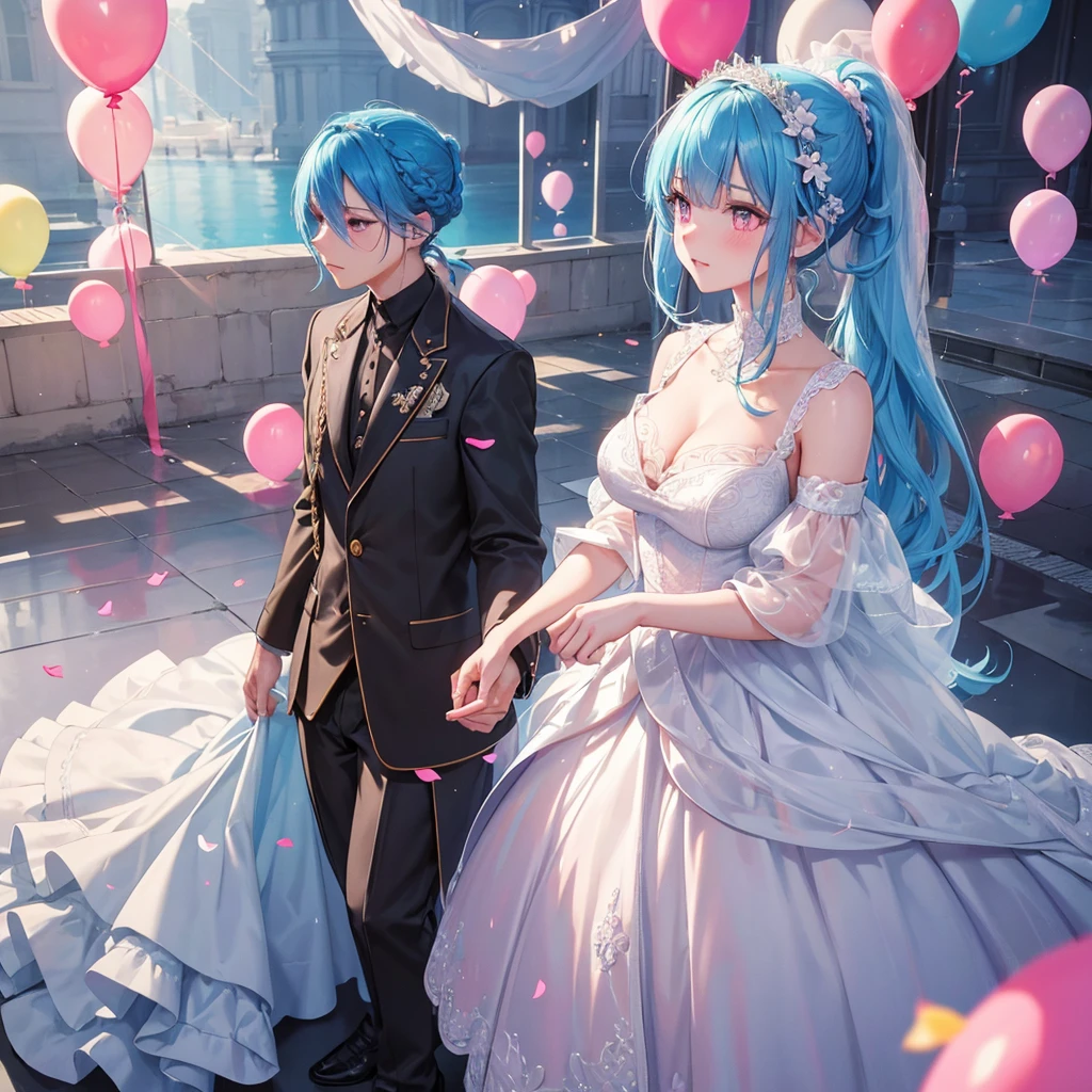sky Blue hair, (braided ponytail),(pink eyes),fair skin ,(full body),(1 girl),bride,blush,Straight Bangs, June Bride,Wedding dress,(masterpiece, best quality, ultra-detailed, best shadow), (detailed background), (beautiful detailed face), high contrast, (best illumination, an extremely delicate and beautiful), ((cinematic light)), colorful, hyper detail, dramatic light, intricate details,Wedding hall, Balloon Release,