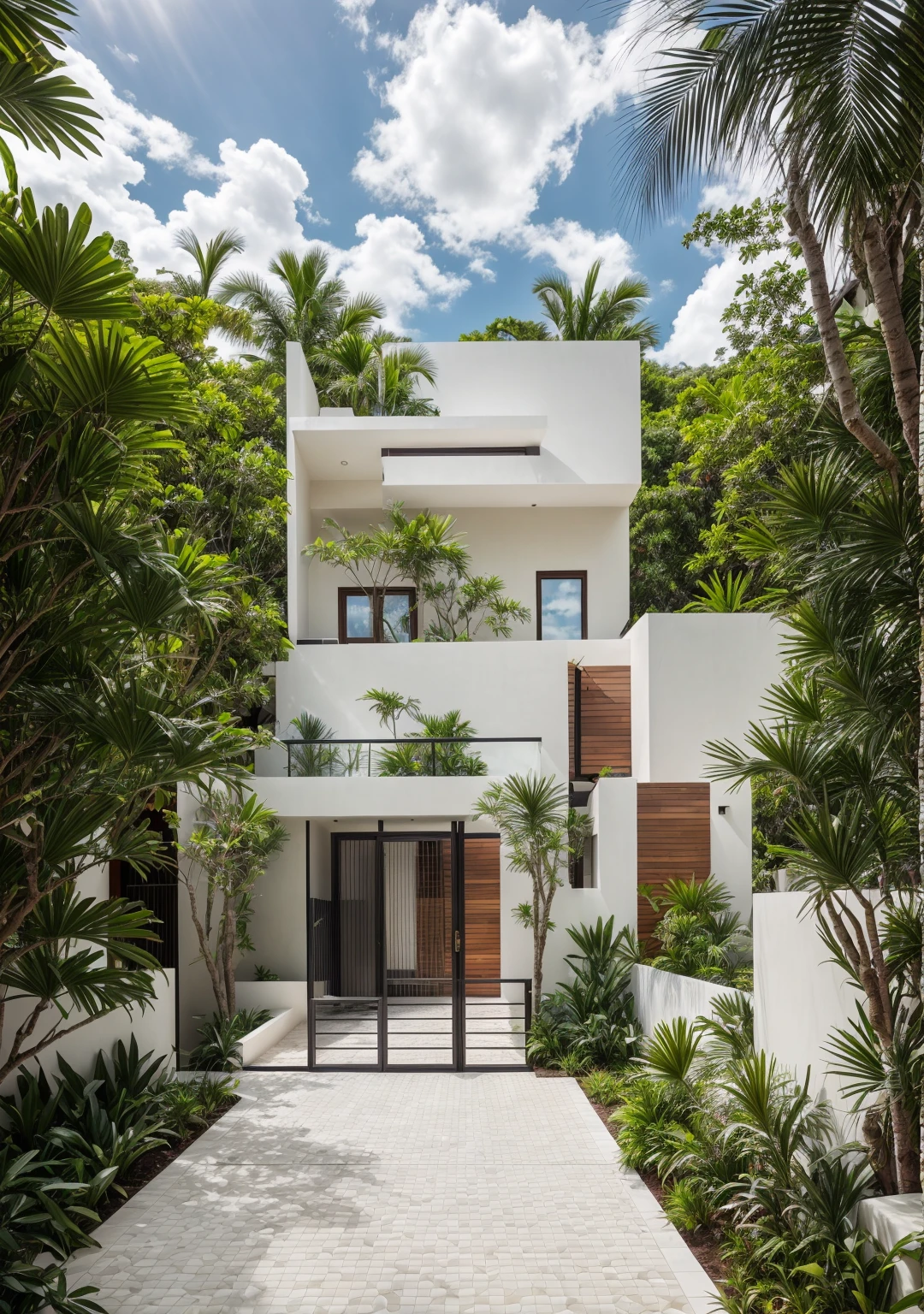 RAW photo,Masterpiece, high quality, best quality, authentic, super detail, townhouse, modern house with (tile wall:1.2), glass windows, (wooden ceiling:1.1), railing glass, gate, fence, (curve:1.1),tropical trees, day, beautifu sky, (high detailed :1.2), 8k uhd, dslr, soft lighting, high quality, film grain, Fujifilm XT3