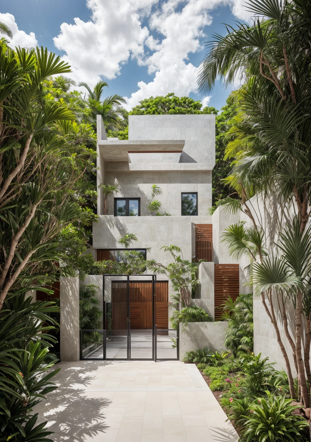 RAW photo,Masterpiece, high quality, best quality, authentic, super detail, townhouse, modern house with (tile wall:1.2), glass windows, (wooden ceiling:1.1), railing glass, gate, fence, (curve:1.1),tropical trees, day, beautifu sky, (high detailed :1.2), 8k uhd, dslr, soft lighting, high quality, film grain, Fujifilm XT3