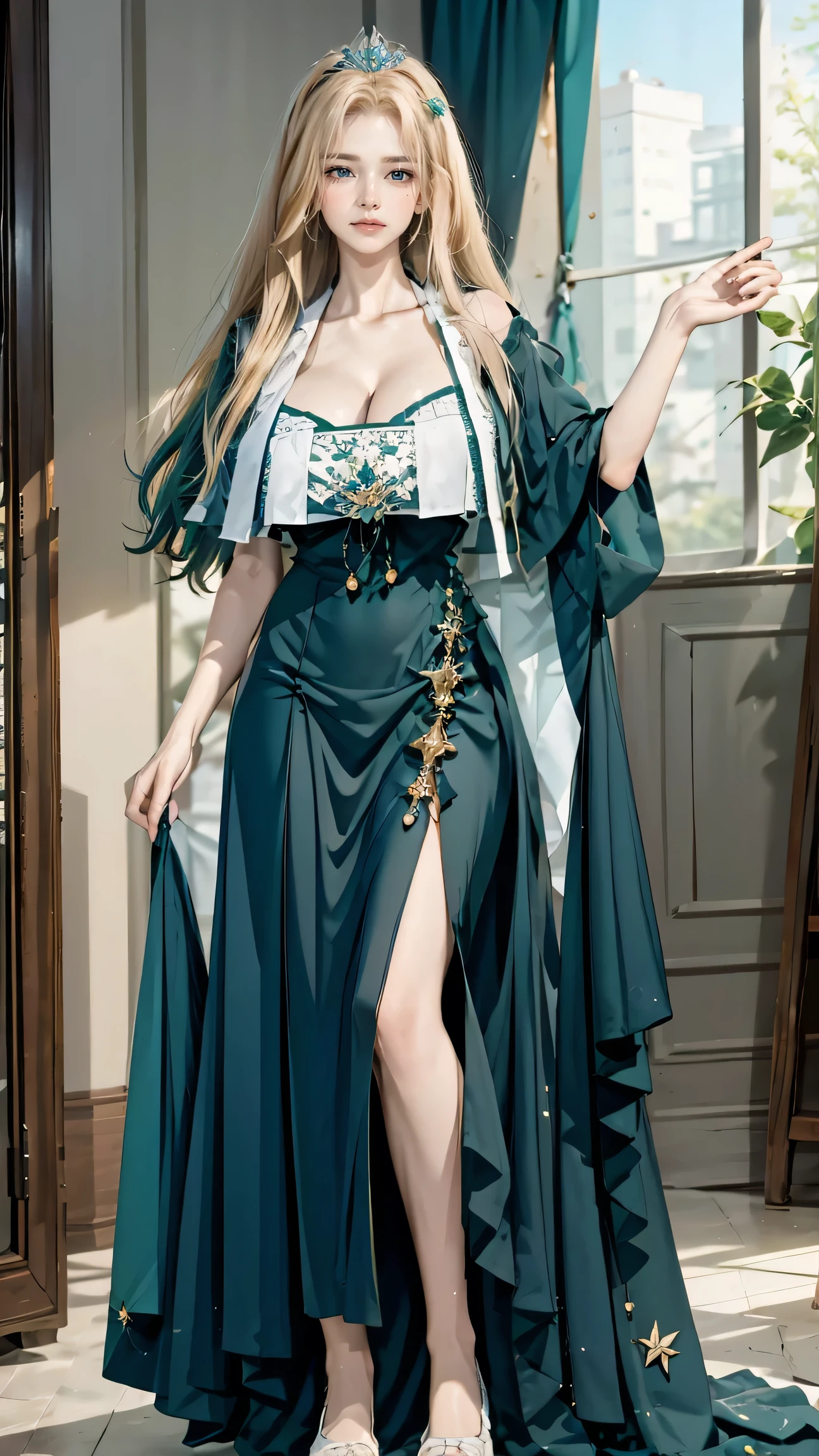 Best quality, masterpiece, ultra high res, raw photo, beautiful and aesthetic, deep shadow, fairy theme,(ultra detailed:1.3),
1girl, dynamic pose, headdress, (beautiful face, detailed eye:1.2), embarrassed, drill hair, long hair, blonde hair, gradient hair, yellow eyes, solo, (busty breasts, gigantic breasts:1.1), big hair, blue hair, divine goddess, looking at viewer, indoors, royal palace, luxurious bedroom, room full of curtain, astraea, full body, Han1,green dress