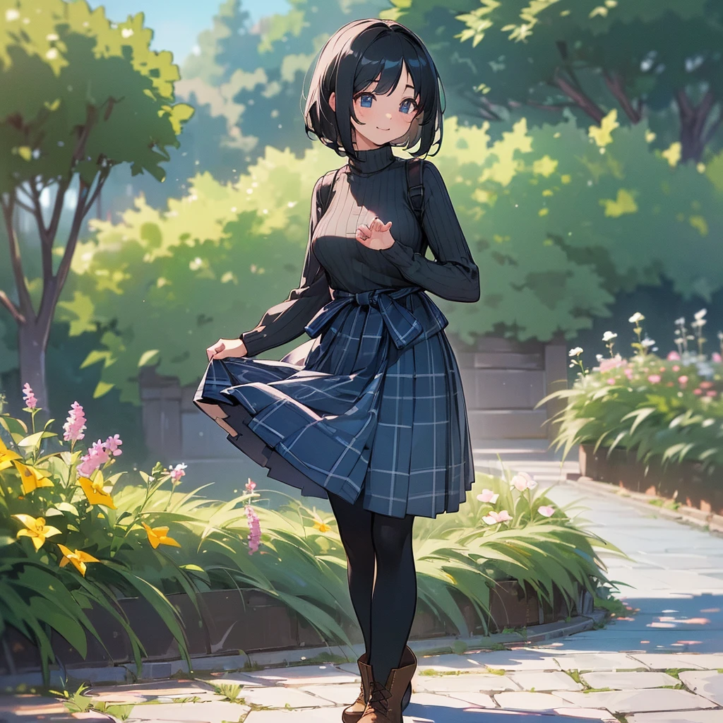 (high quality, High resolution, Very detailed, 8K, reality:1.37), Peaceful atmosphere, (Outdoor, garden), age girl standing alone, (my breasts are big.), Beautifully detailed features, Cute Smile, (Black bob hair), Ribbed sweater, Blue plaid skirt, black tights, Brown boots.
