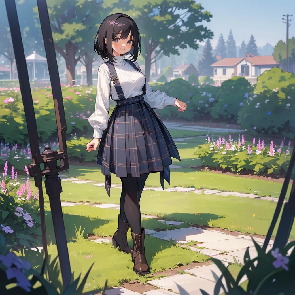 (high quality, High resolution, Very detailed, 8K, reality:1.37), Peaceful atmosphere, (Outdoor, garden), Teenage girl standing alone, (my  are big.), Beautifully detailed features, Cute Smile, (Black bob hair), Ribbed sweater, Blue plaid skirt, black tights, Brown boots.