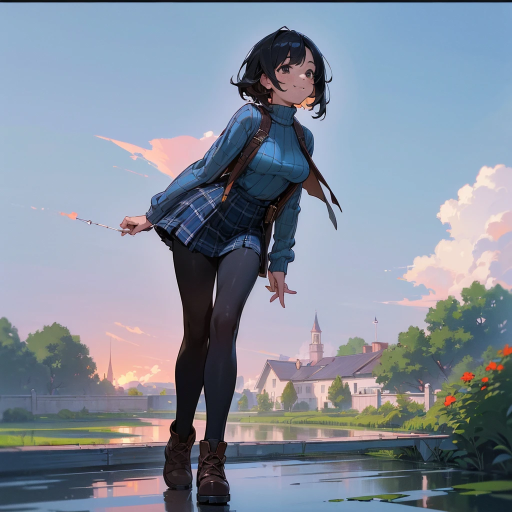 (high quality, High resolution, Very detailed, 8K, reality:1.37), Peaceful atmosphere, (Outdoor, garden), Teenage girl standing alone, (my breasts are big.), Beautifully detailed features, Cute Smile, (Black bob hair), Ribbed sweater, Blue plaid skirt, black tights, Brown boots.