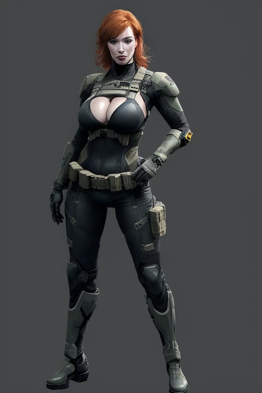 Christina Hendricks as an Metal Gear Solid Character, alluring 48 year old woman, High-quality facial research of Christina Hendricks, (Christina's sculpted cheekbones and slight wrinkles around the face), High-quality detailed research of Christina Hendricks voluptuous figure, large breasts, buxom chested. Fingerless Gloves, skin-tight black leather suit, metal armlets, utility belt, gun holsters, boots. Whole body, Casual pose, Beautiful pose, (Extremely detailed CG 8k wallpaper), (Extremely delicate and beautiful), (Masterpiece), (Best quality: 1.0), (Ultra-high resolution: 1.0), Beautiful lighting, Perfect lighting, Realistic shadows, [high resolution], Detailed skin, Super detailed (((Colorful))), Digital art, metal gear solid concept art, full body concept art, Expert concept art with high detail, concept-art, stealth game concept art, concept-art, Yoji Shinkawa style, Video game concept art, 4K, full body portrait
