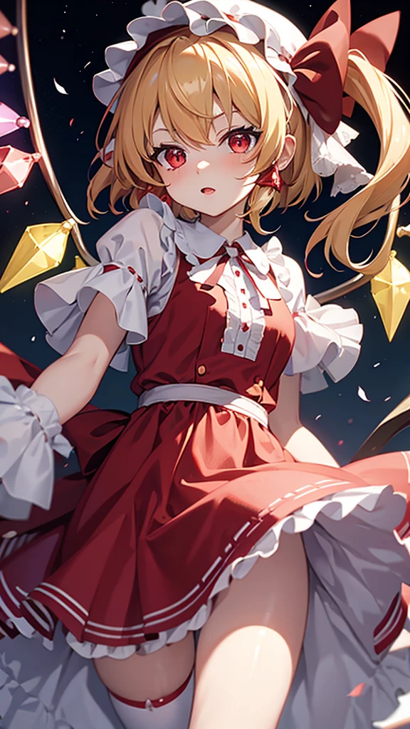 Flandre Scarlet,one girl,wearing a white nightcap,Aggressive expression