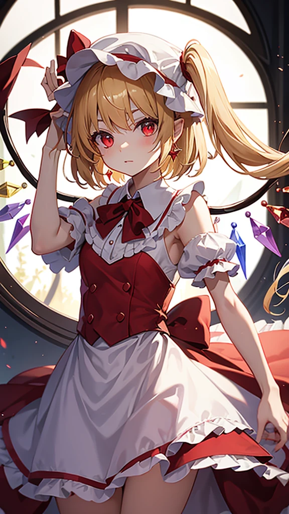 Flandre Scarlet,one girl,wearing a white nightcap,Aggressive expression