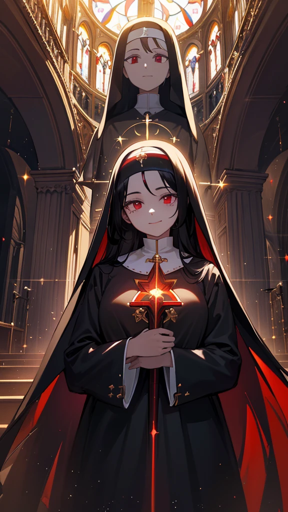 a beautiful nun with long black hair, red eyes, detailed facial features, wearing a holy robe in a grand cathedral, smiling and praying, shimmering light particles, rays of light, 8k, hyper detailed, photorealistic, masterpiece, cinematic lighting, chiaroscuro, dramatic atmosphere, catholic church interior, ornate architecture, stained glass windows