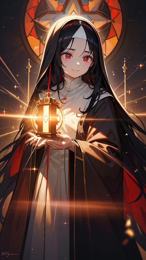 a beautiful nun with long black hair, red eyes, detailed facial features, wearing a holy robe in a grand cathedral, smiling and praying, shimmering light particles, rays of light, 8k, hyper detailed, photorealistic, masterpiece, cinematic lighting, chiaroscuro, dramatic atmosphere, catholic church interior, ornate architecture, stained glass windows