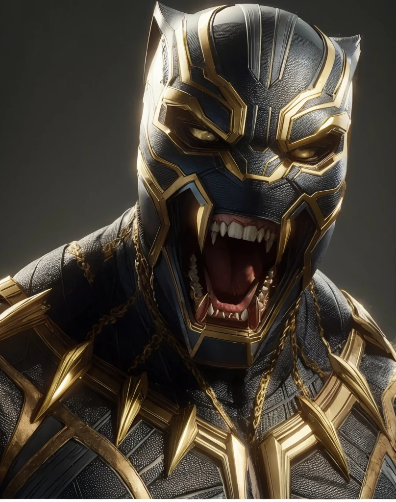 (Marvel&#39;s Black Panther, long gleaming fangs and teeth,based on the costume from the marvel films ), (black and silver accents costume), (ultra detaild),(8k resolution),(extremely detaild), Abstract expressionist painting "Hyperion", Deusa black panther, technological armor, sexy technological armor, epic image, enviroment, digitalpainting, Character concept art portrait, sexy female body, ((rosto coberto por black panther, covered mouth, covered eyes, black panther)), black panther com raiva mostrando dentes totalmente a fiados e detalhados, impressive neckline, very open, extremely beautiful