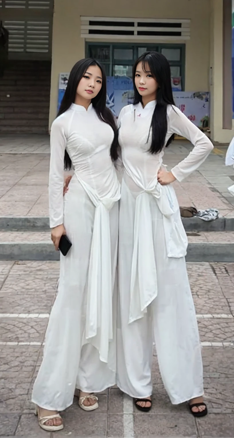 Seethrought ao dai, clearly visible underwear and body inside, see-through panties, see-through bra, Tuyet Linh, big breasts, big butt,