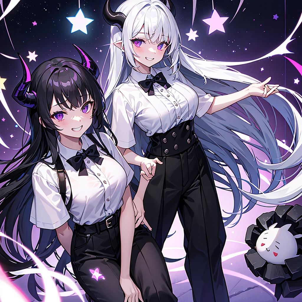 A girl with long black hair with straight bangs, with hair cut at the ends. Two large strands in the front, one bigger than the other. A rebel thread. A small white streak in your bangs. Two demon horns, one purple and one black, both with a dark purple star. one black eye and one purple eye. A purple star on your right cheek. black wide pants. All star shoe. Full white shirt with a bow tie with a star in the middle, with short sleeves. big boobies. Grinning. She is a star demon. She is standing looking at the camera. And just one person. Sex girl. malicious smile. ONLY ONE PERSON IN THE PHOTO in this case.