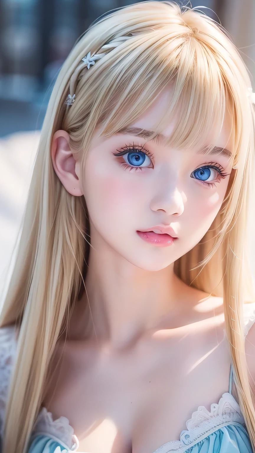 A very cute blonde beauty、Cute 、Very beautiful bright pale light blue large eyes、Very big eyes、Gloss Face、Snow-white glossy skin、Cheek gloss highlighter、Super long hair、Ample Bust、Beautiful bangs between the eyes、Small Face Beauty、round face、eyeliner