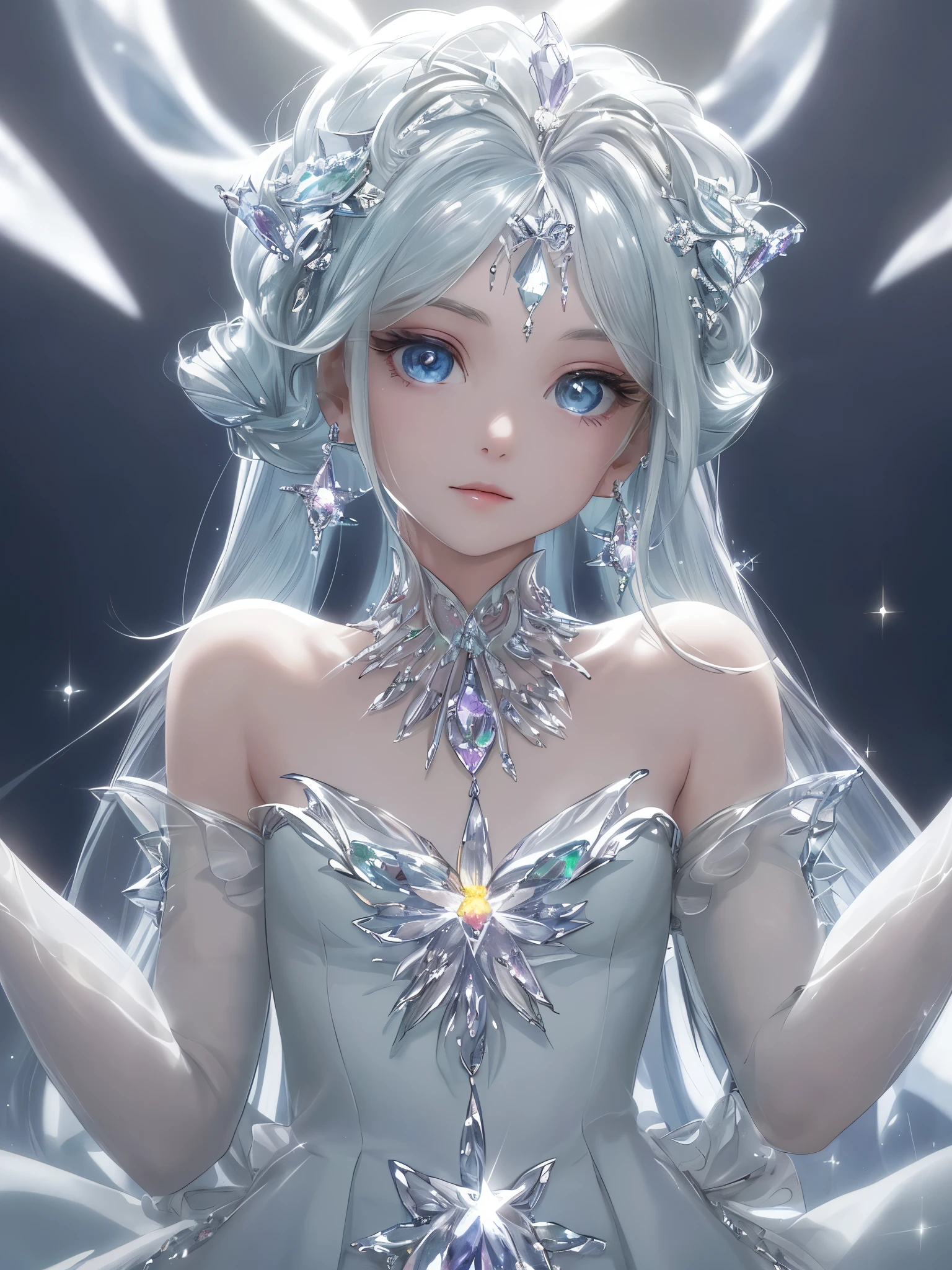 masterpiece, highest quality, figure, alexandrite eyes and hair, platinum earrings, Platinum Necklace, white dress, The Little Mermaid, cute, (dynamic lighting:1.2), cinematic lighting, delicate features, fine eyes, sharp pupils, realistic student, Depth of bounds written, Bokeh, sharp focus, (very detailed, bloom, shine:1.4), Many Small Gems