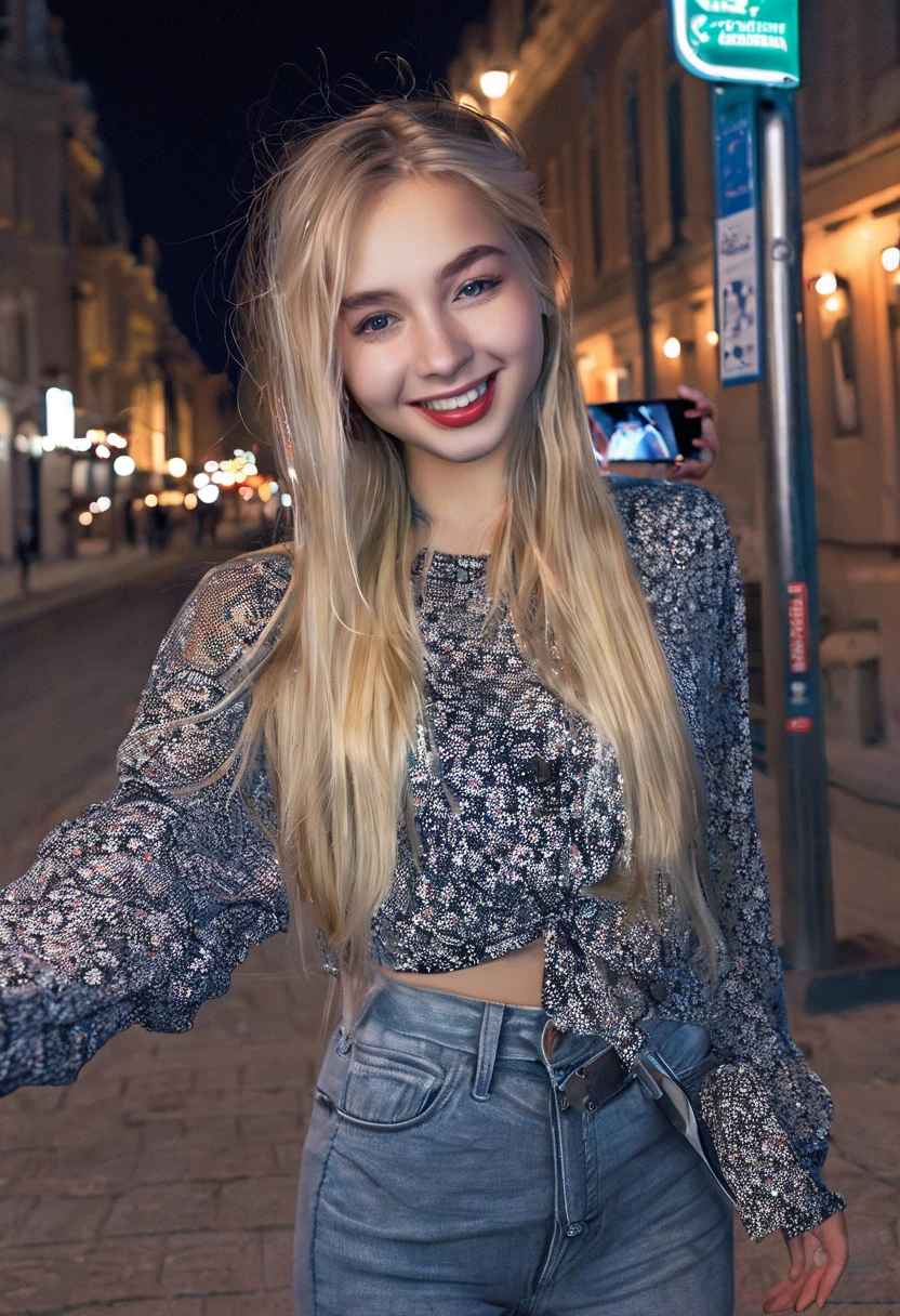 Cute blonde girl 19 years old, (((taking a selfie))), on the street, night, smiling, sexy hairstyle, sexy little blouse, (((hair in the face in the wind)))