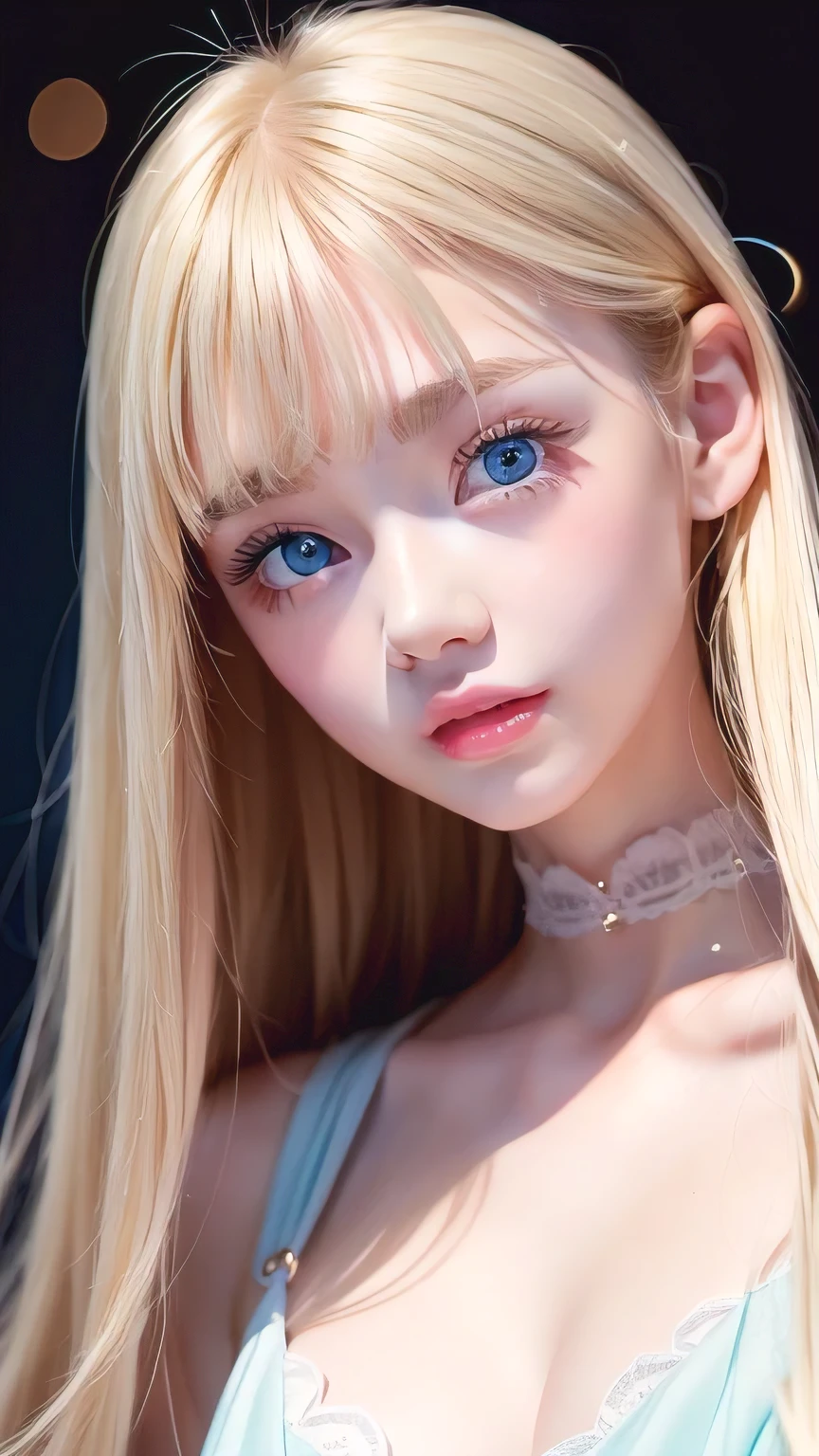 A very cute blonde beauty、Cute 16 years old、Very beautiful bright pale light blue large eyes、Very big eyes、Gloss Face、Snow-white glossy skin、Cheek gloss highlighter、Super long hair、Ample Bust、Beautiful bangs between the eyes、Small Face Beauty、round face、eyeliner