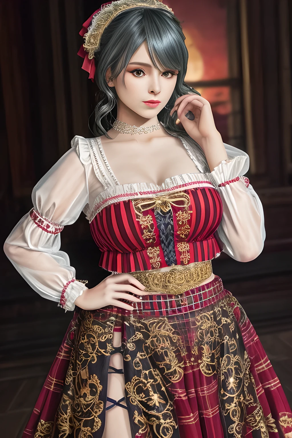 1girl,Wearing a traditional-style outfit. Her white blouse has ruffle details and embroidery, with red and white striped patterns on the sleeves and ribbon accents on the upper arms. The skirt is red with pleats and lace trims. There is a brown belt around the waist with floral embellishments and tassels, adding to the folkloric feel of the overall look. The outfit looks inspired by historical or folk costumes, with its intricate details and color combination,, beautiful detailed eyes, beautiful detailed lips, extremely detailed eyes and face, long eyelashes, best quality, 4k, 8k, highres, masterpiece, ultra-detailed, realistic, photorealistic, photo-realistic, ethereal glow, regal elegance, intricate details, luxurious, otherworldly beauty, dark atmospheric background, supernatural aura,tamaki