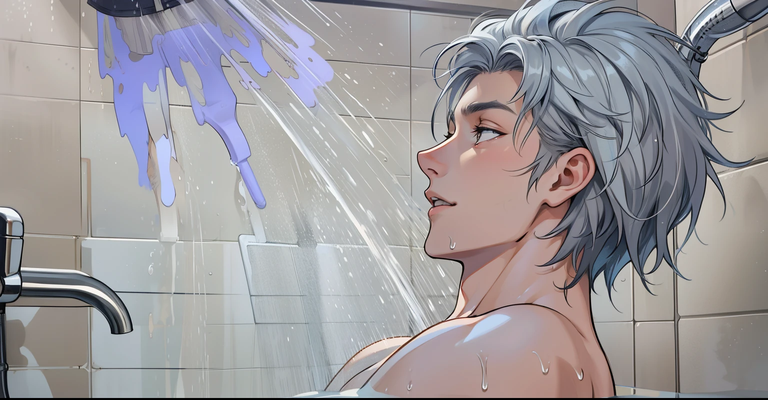 There is water from the shower falling on the young man, an 18 year old boy with gray hair getting wet with the water from the shower.