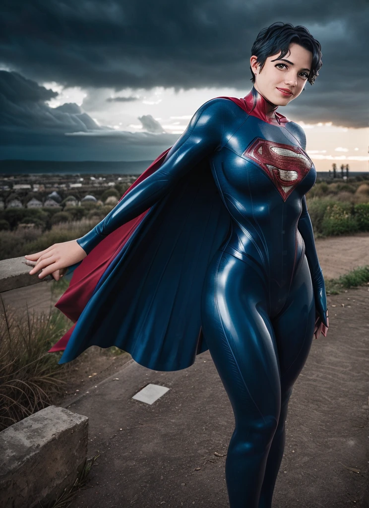 photo of supergirl, short hair, bodysuit, cape, smile, outdoors stormy night, background sky, analog style (look at viewer:1.2) (skin texture), Fujifilm XT3, DSLR, 50mm  