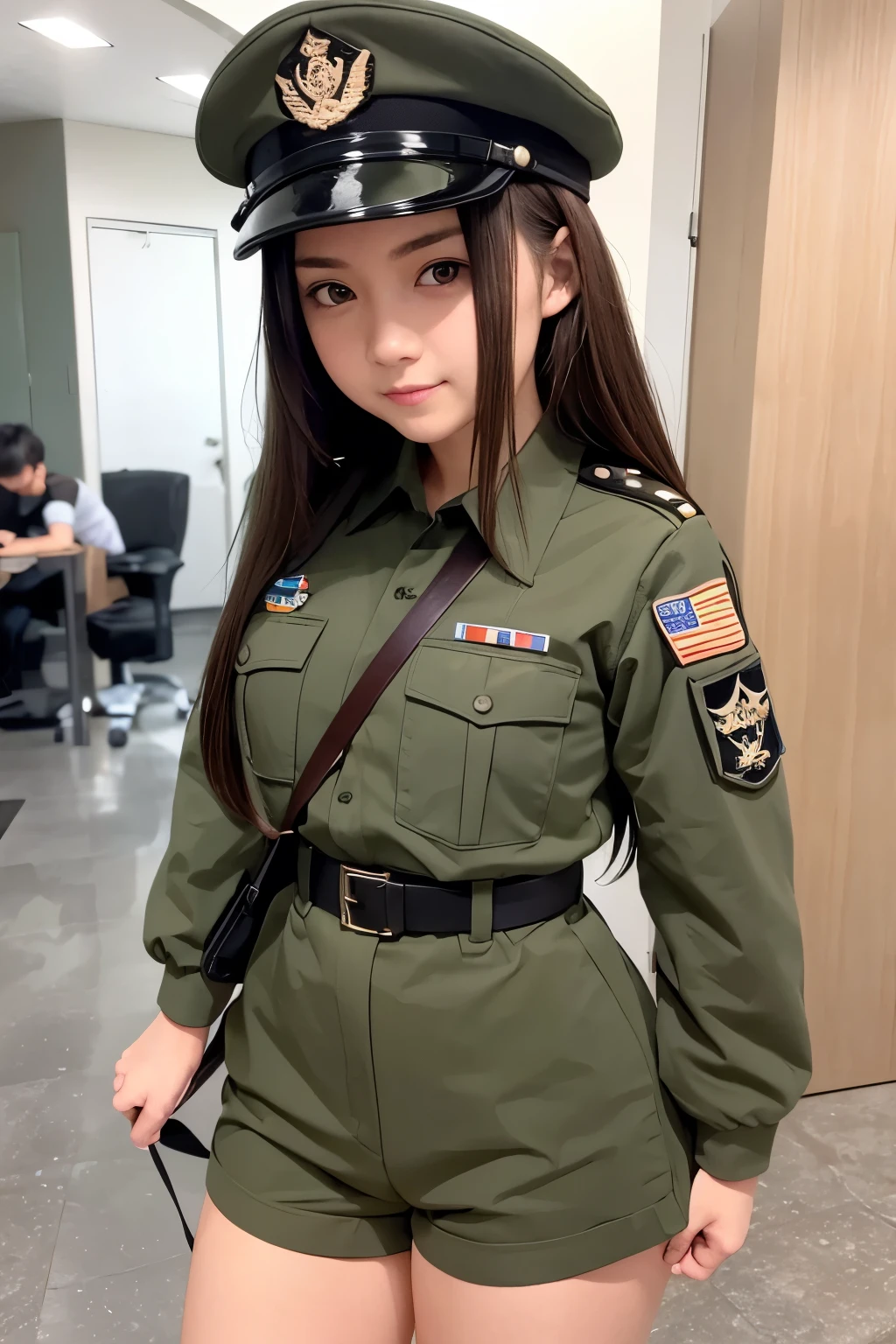 One girl、Semi-long hair(brown)、long sleeve air force uniform(Moss Green)、Patch on shoulder、belt、Shorts(Moss Green)、military cap、short boots(濃いbrown)、F2Fighter、Fighter、Descending the gangway、Air Base、Control Tower