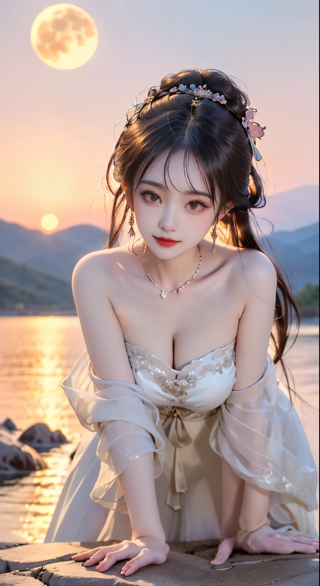 ((bare shoulders)), ((whole body)), actual, fashion girl, red lips, mature women, cosmetics, big eyes, beautiful eyes, ((whole body)), ((from below)), (best quality, masterpiece:1.2), Super detailed, (actual:1.37), ((Sexy long legs)), beautiful, young and energetic, Charming model with, big breasts, cleavage, (delicate eyes, Detailed lips, extremely delicate eyes), show a bright smile, Create stunning girl images, Warm colors, Extremely high color saturation, official art, Extremely detailed CG unified 8k wallpaper,(high dynamic range :1.4), (cinematic),(pastel colors, dull color, soothing tone :1.3), (natural skin texture, ultra-actual, soft light, sharp),(Very detailed), night, moonlight, ((in the mountains, plant, Leaning against the rocks))