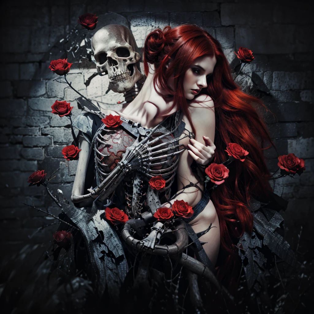 there is a woman with red hair and a skeleton , gothic art, gothic fantasy art, in style of anne stokes, love and death, gothic romance, beautiful digital artwork, fantasy dark art, dark but detailed digital art, gorgeous digital art, beautiful digital art, gothic harts, beautiful gorgeous digital art, inspired by Anne Stokes