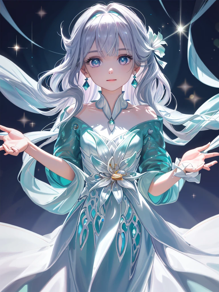 masterpiece, highest quality, figure, alexandrite eyes and hair, platinum earrings, Platinum Necklace, white dress, The Little Mermaid, cute, (dynamic lighting:1.2), cinematic lighting, delicate features, fine eyes, sharp pupils, realistic student, Depth of bounds written, Bokeh, sharp focus, (very detailed, bloom, shine:1.4), Many Small Gems