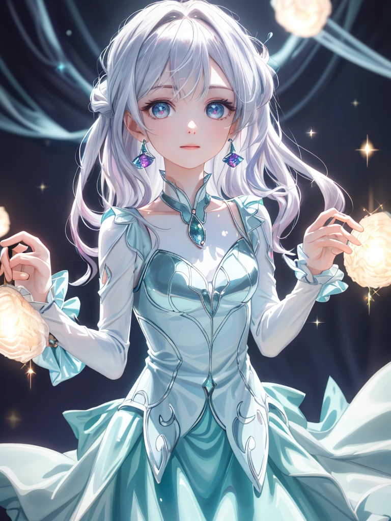 masterpiece, highest quality, figure, alexandrite eyes and hair, platinum earrings, Platinum Necklace, white dress, The Little Mermaid, cute, (dynamic lighting:1.2), cinematic lighting, delicate features, fine eyes, sharp pupils, realistic student, Depth of bounds written, Bokeh, sharp focus, (very detailed, bloom, shine:1.4), Many Small Gems
