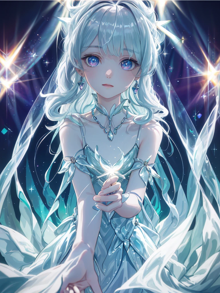 masterpiece, highest quality, figure, alexandrite eyes and hair, platinum earrings, Platinum Necklace, white dress, The Little Mermaid, cute, (dynamic lighting:1.2), cinematic lighting, delicate features, fine eyes, sharp pupils, realistic student, Depth of bounds written, Bokeh, sharp focus, (very detailed, bloom, shine:1.4), Many Small Gems