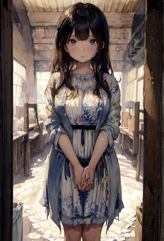 (), big ,(masterpiece), Highest quality, Very detailed, (watercolor), bloom, Delicate and beautiful, figure, (From below),(One girl:1.4), (alone:1.2), Large Breasts, , ((Dark Skin:0.8)), Beautiful Eyes, (Disheveled Hair ), naked