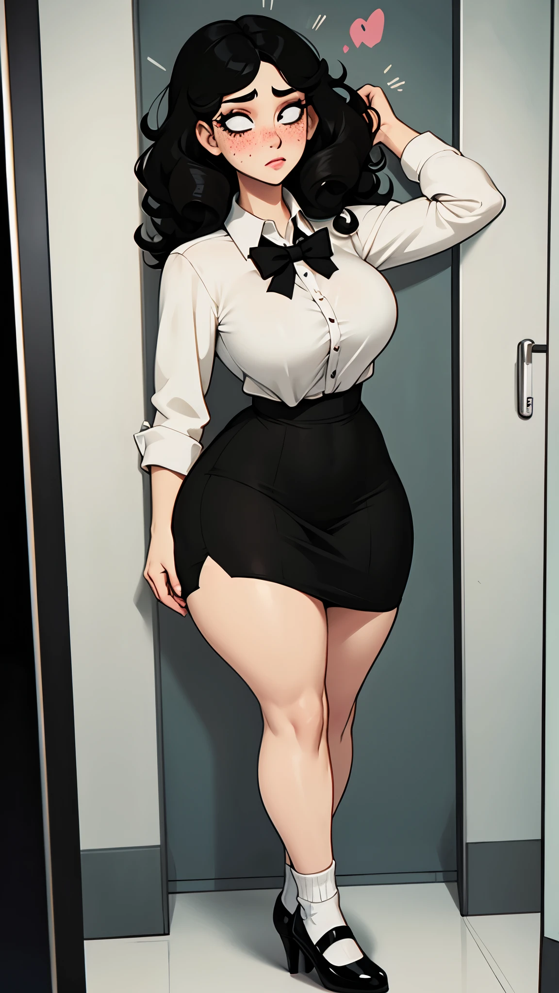 milf, black curly hair, curvy, pale skin with freckles, white button down shirt, fitted black skirt, heels, socks, worried face, blushing cheeks, stage inside elevator