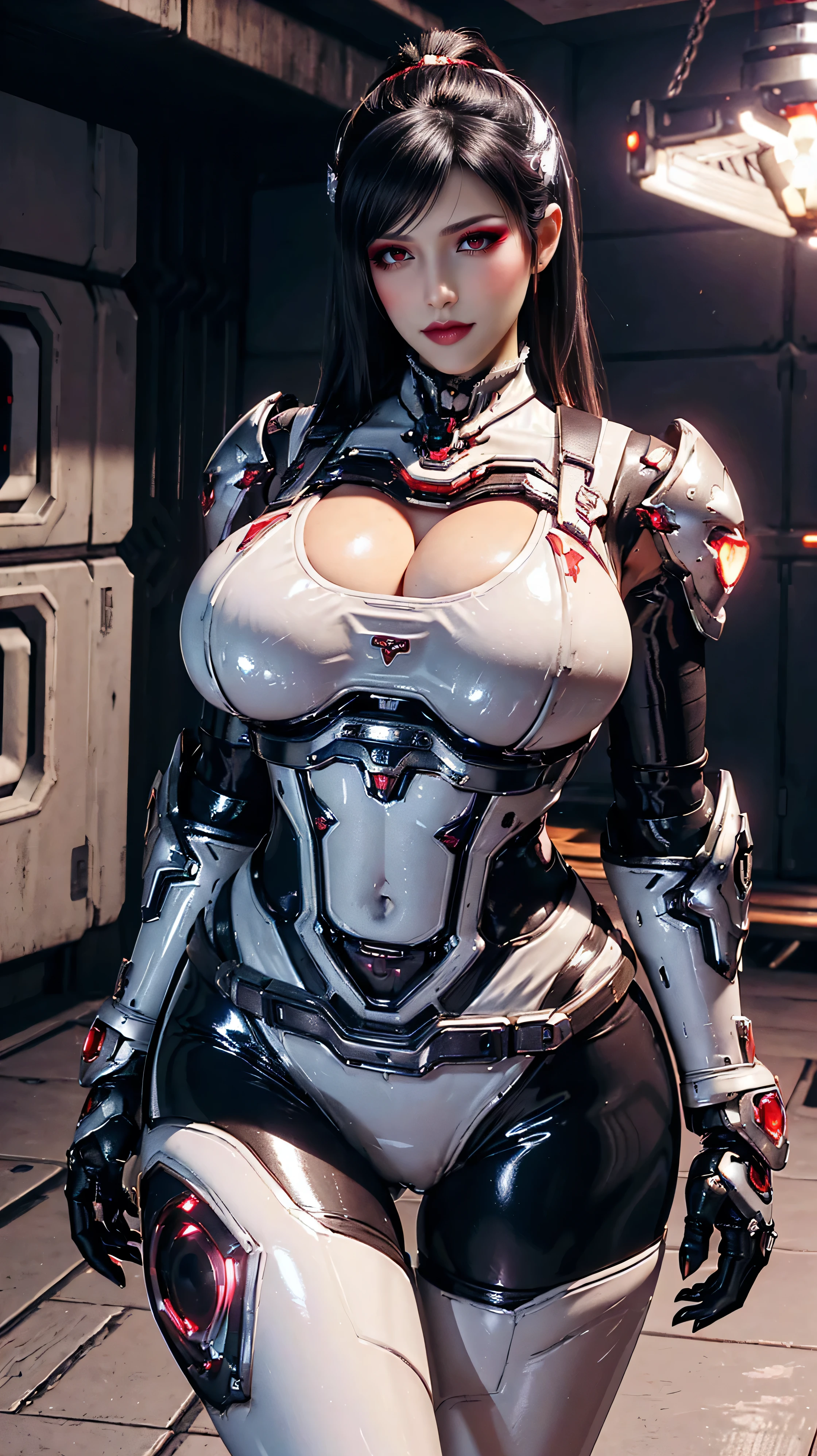 A BUSTY MILF, CLOSEUP UPPER BODY,SOLO, ((COWBOY SHOT:1.4)), ((DRAGON MECHA HORN,BLACK HAIR)), (GIGANTIC FAKE BOOBIES,CLEAVAGE TOP,11 LINE ABS:1.5), ((WEARING OUTFIT METAL SILVER, CRIMSON RED, LATEX WHITE FROM OVERWATCH, IN FUTURISTIC ARMOR, GIRL IN MECHA CYBER ARMOR:1.5)), (MUSCULAR BODY SHAPE:1.5), (CLEAN GLOSSY BODYSKIN:1.5), (LOOKING AT VIEWER:1.6), (BACKGROUND FUTURISTIC SPACE STATION:1), (PHOTOREALSITIC:1.4), (ULTRA-DETAILLIERT), (TOP-QUALITY), (BEST SHADOWS), BRIGHT LIGHT IN ROOM, HYPER TEXTURE, (4X MSAA), ((UNREAL ENGINE 5 RENDER)), (NEON), PHYSICALLY-BASED RENDERING, ULTRA HIGHT DEFINITION, 16K, 1080P.