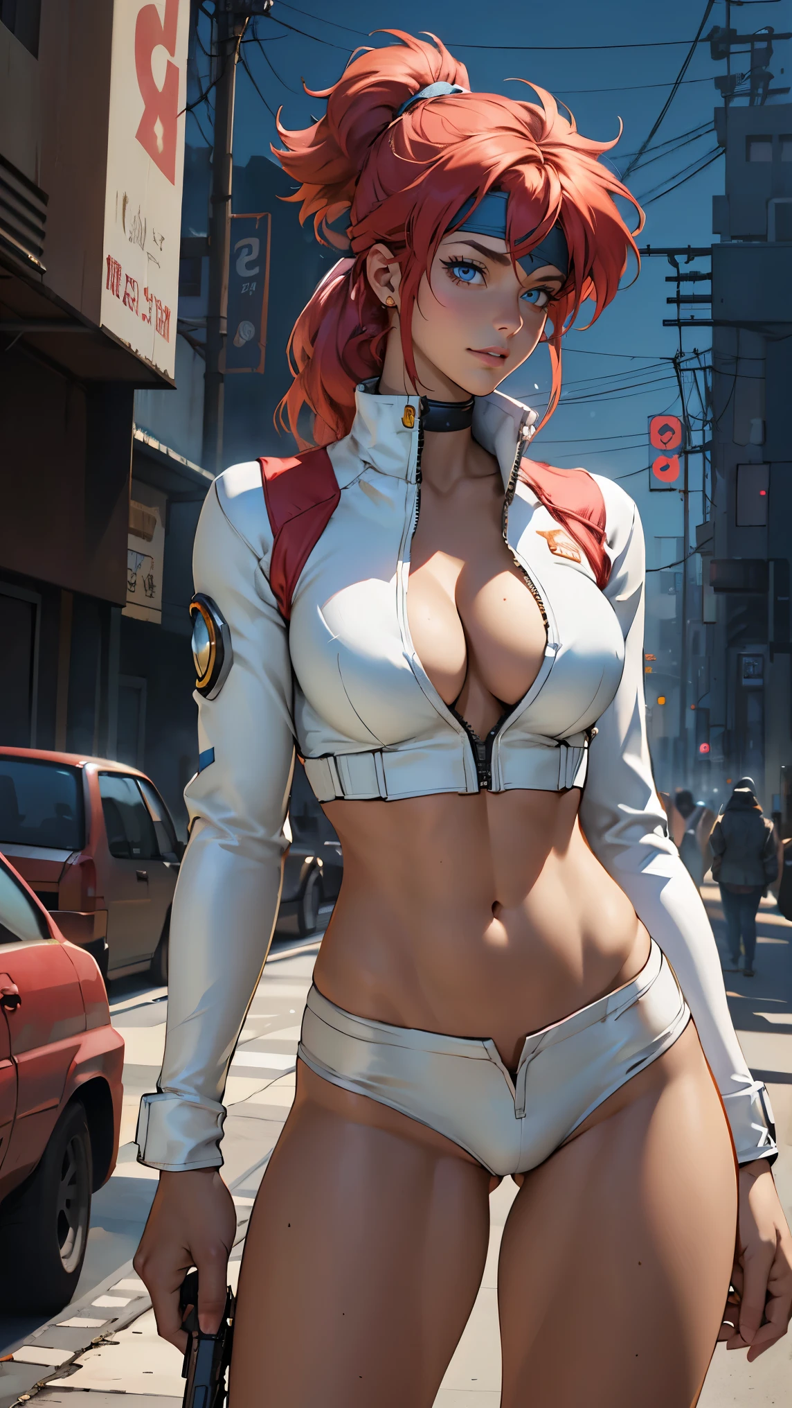 ((Masterpiece, highest quality; 1.3)), super quality, beautiful detail, super detailed, extra fine, 16K, exquisite, absurd, high resolution, beautiful background, detailed background, beautiful eyes, beautiful skin, anime style, Kay from Dirty Pair in a white outfit, tight outfit, cleavage, bushy redhead beauty, very light blue uniform, wearing tight clothes, skimpy, (mid chest: 1.2), cleavage, cleavage, slim waist , thin waist, slim thighs, thin legs, slim legs. thigh gap, showing stomach, skinny, thin hips, cyberpunk city background, holding retro space gun , headband, 