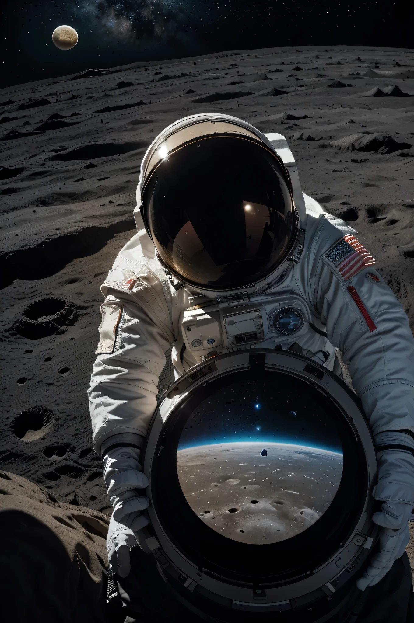 The astronaut on the surface of the moon with craters illuminated by the sun, looking at the earth in the distance on the horizon of the moon, and in the background the universe shining with nebulae, planets and stars