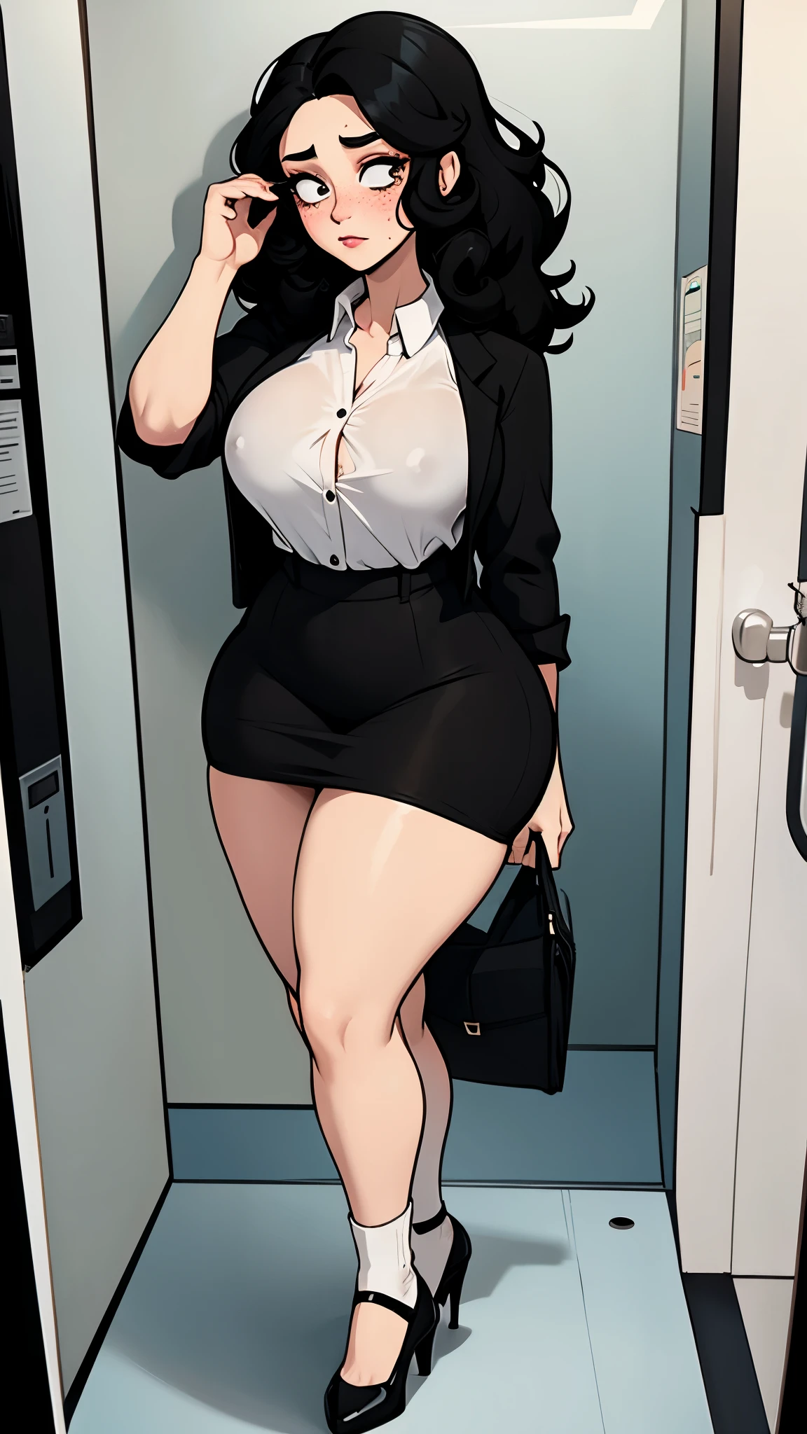 milf, black curly hair, curvy, pale skin with freckles, white button down shirt, fitted black skirt, heels, socks, worried face, blushing cheeks, stage inside elevator