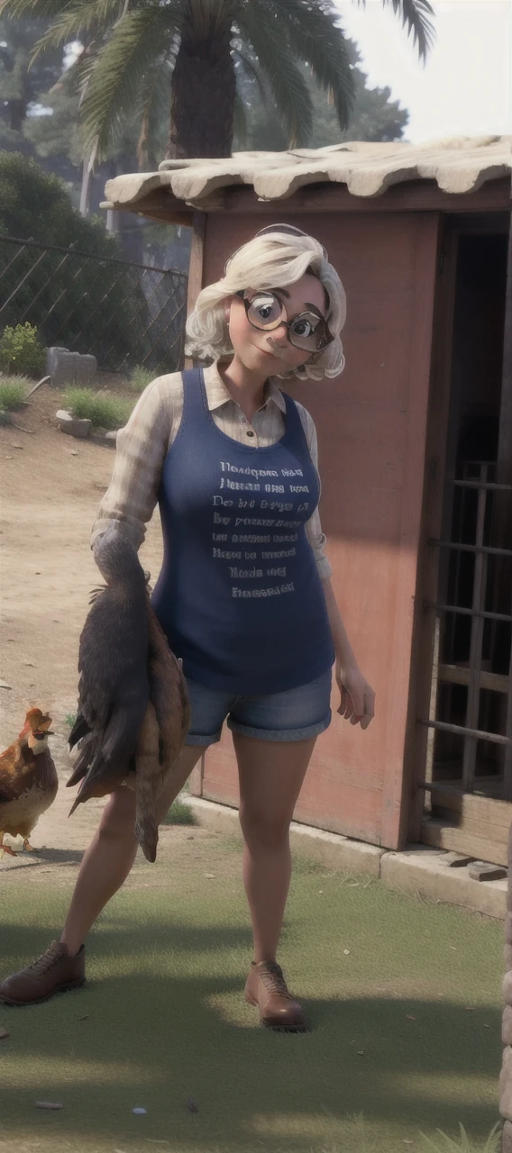 masterpiece, best quality, a woman with glasses holding a chicken
