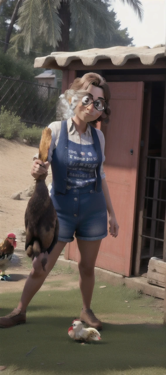 masterpiece, best quality, a woman with glasses holding a chicken