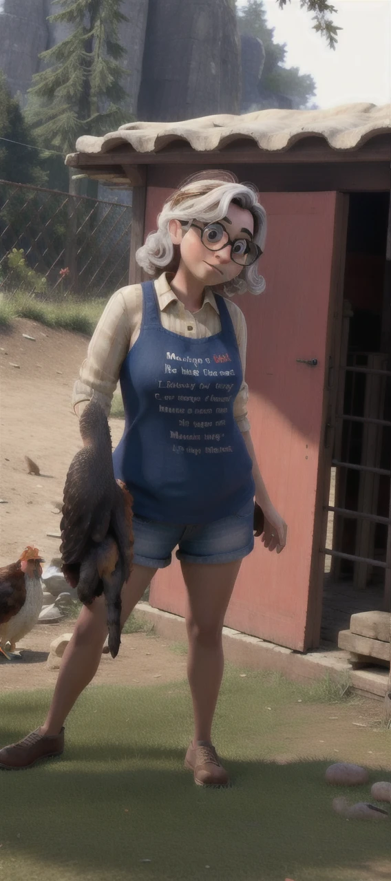 masterpiece, best quality, a woman with glasses holding a chicken