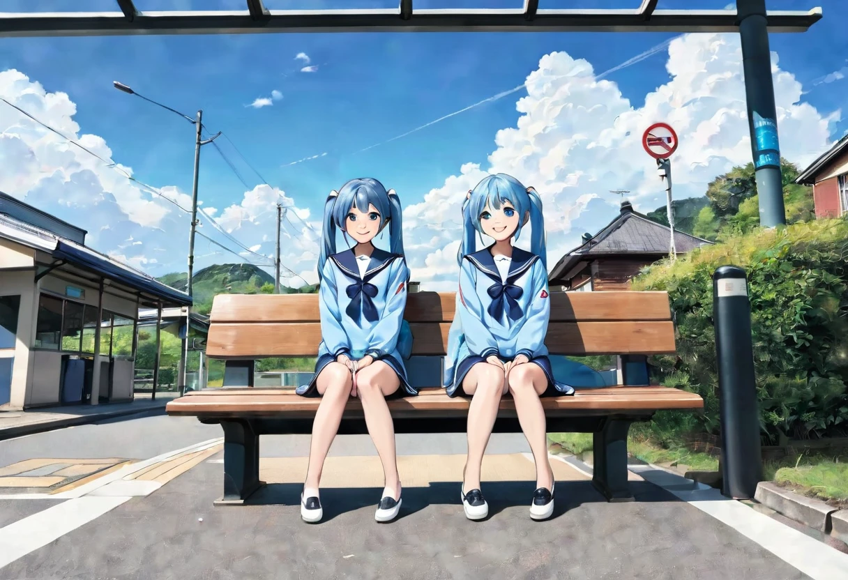 Light blue long hair、Two beautiful girls with twin tails、Sailor suit、Bright smile、Full Body View、Sitting on a bench at the bus stop waiting for the bus、Bus stop in front of an old rural house、I can see the bus、White clouds in blue sky、Face Highlights