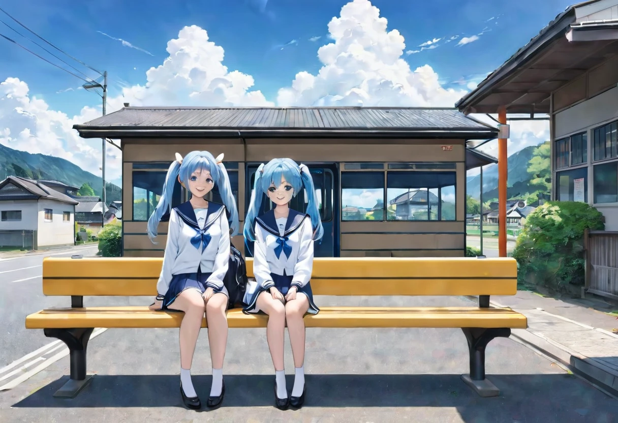 Light blue long hair、Two beautiful girls with twin tails、Sailor suit、Bright smile、Full Body View、Sitting on a bench at the bus stop waiting for the bus、Bus stop in front of an old rural house、I can see the bus、White clouds in blue sky、Face Highlights