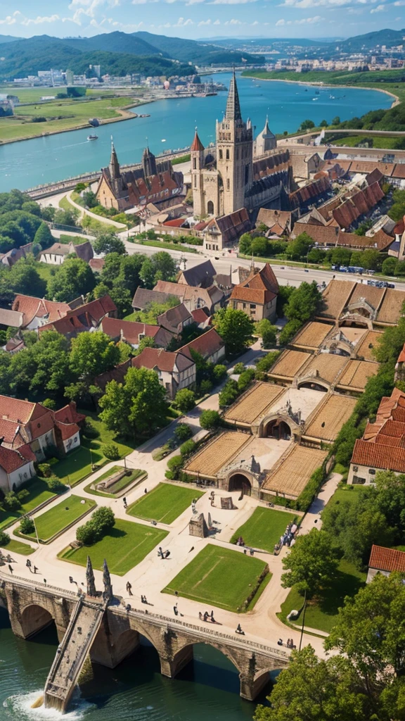 Medieval city, พื้นหลังMedieval city, Renaissance port city background, Medieval town, Realistic game art in the Middle Ages, Medieval Fantasy Art, game scene graph，aerial view，high angle lens，prime time light，Masterpiece，best quality，Best picture quality，