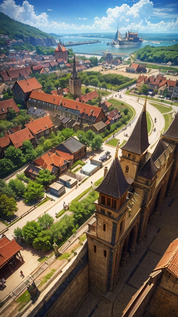 Medieval city, พื้นหลังMedieval city, Renaissance port city background, Medieval town, Realistic game art in the Middle Ages, Medieval Fantasy Art, game scene graph,aerial view,high angle lens,prime time light,Masterpiece,best quality,Best picture quality,