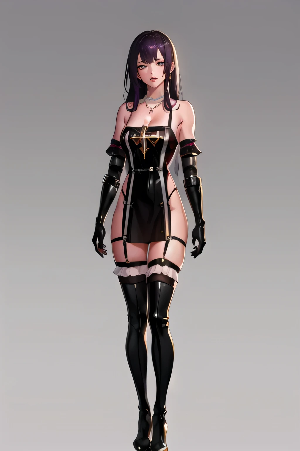 fpriest,glove, bare shoulders, black dress, thigh boots, garter strap, cross necklace,
1girl, solo,looking at viewer,
gray background,full_body, standing,
,  long hair, curly hair, middle breast, 8k, masterpieces, bestquality, ultra highres, detailed face, purple skin, evil smile, shaded face